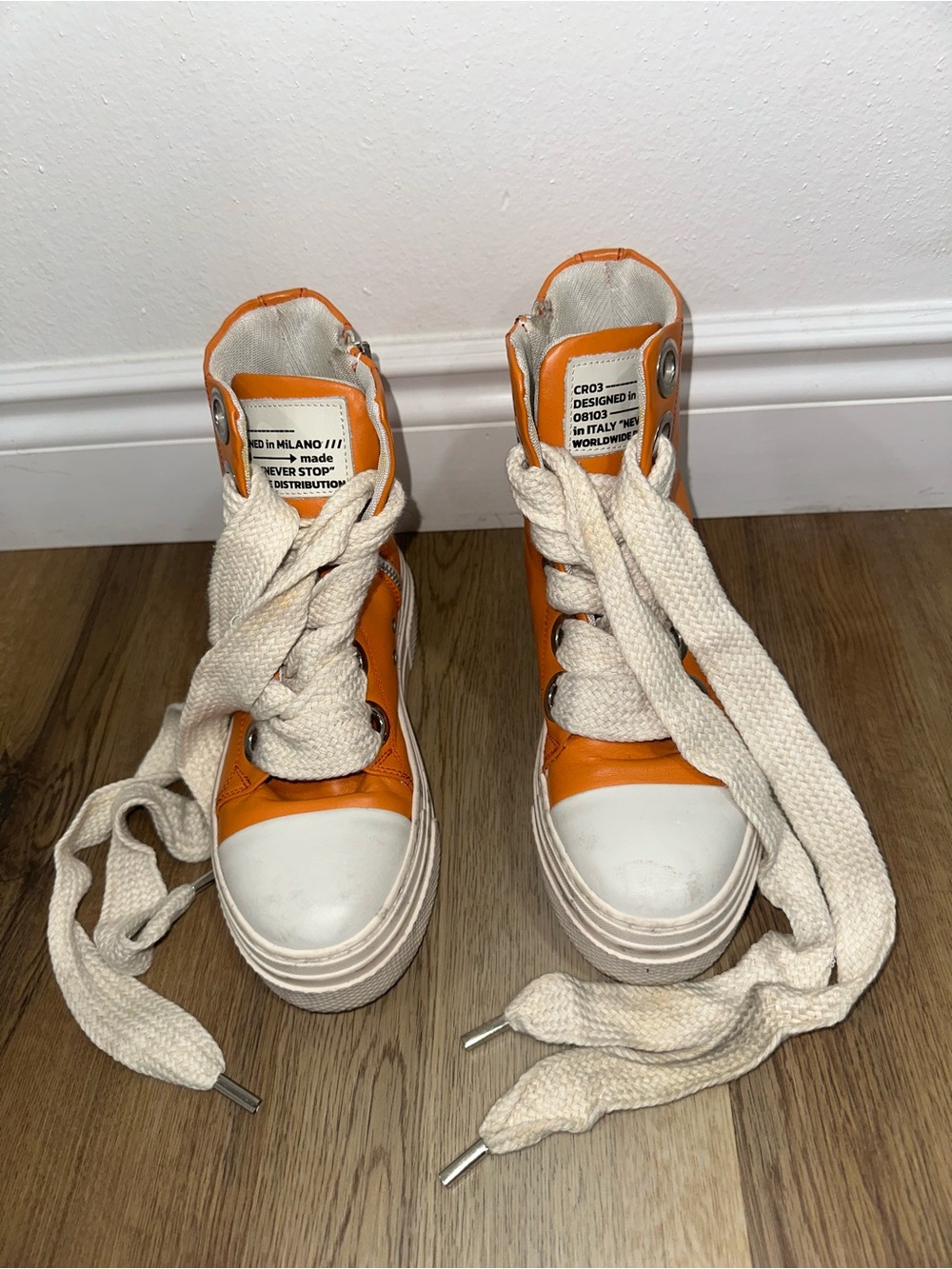 CR03 Cristian Zerotre Orange Leather High Top Sneakers Made in Italy EU 37